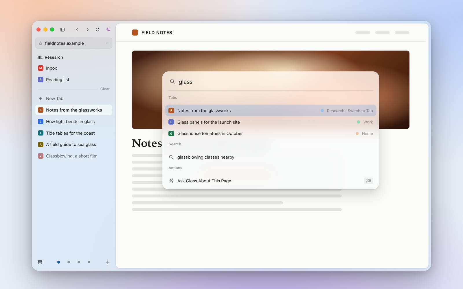 An illustration of a Glossium window: a sidebar of tabs in a Space called Research, a page of notes beside it, and the command bar open over both.